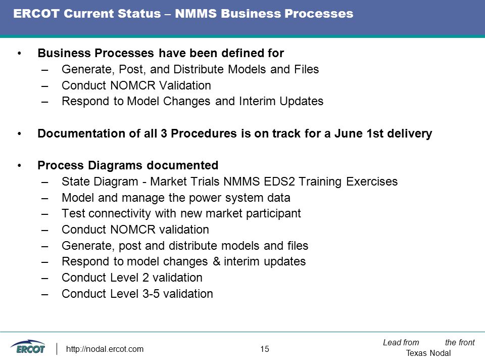 Lead from the front Texas Nodal   15 ERCOT Current Status – NMMS Business Processes Business Processes have been defined for –Generate, Post, and Distribute Models and Files –Conduct NOMCR Validation –Respond to Model Changes and Interim Updates Documentation of all 3 Procedures is on track for a June 1st delivery Process Diagrams documented –State Diagram - Market Trials NMMS EDS2 Training Exercises –Model and manage the power system data –Test connectivity with new market participant –Conduct NOMCR validation –Generate, post and distribute models and files –Respond to model changes & interim updates –Conduct Level 2 validation –Conduct Level 3-5 validation