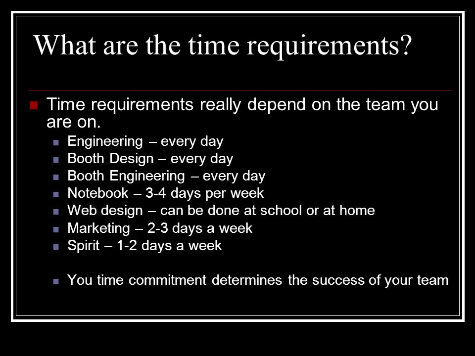 What are the time requirements. Time requirements really depend on the team you are on.