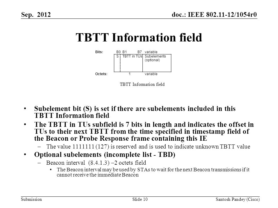 doc.: IEEE /1054r0 Submission TBTT Information field Subelement bit (S) is set if there are subelements included in this TBTT Information field The TBTT in TUs subfield is 7 bits in length and indicates the offset in TUs to their next TBTT from the time specified in timestamp field of the Beacon or Probe Response frame containing this IE –The value (127) is reserved and is used to indicate unknown TBTT value Optional subelements (incomplete list - TBD) –Beacon interval ( ) –2 octets field The Beacon interval may be used by STAs to wait for the next Beacon transmissions if it cannot receive the immediate Beacon Sep.
