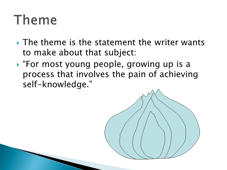  The theme is the statement the writer wants to make about that subject:  For most young people, growing up is a process that involves the pain of achieving self-knowledge.