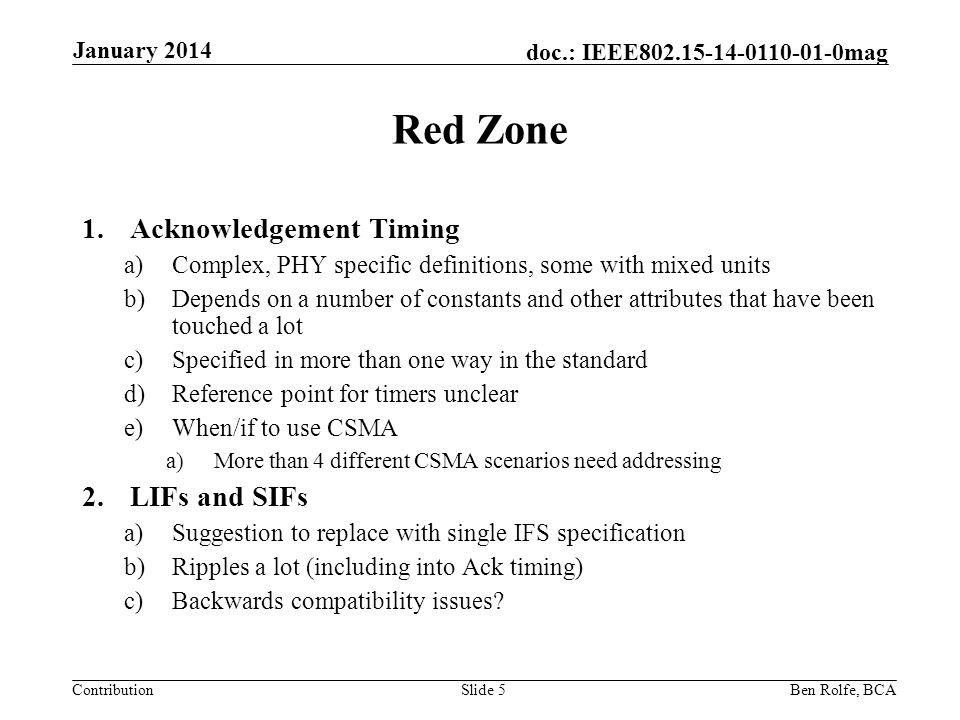 Contribution doc.: IEEE mag Red Zone 1.Acknowledgement Timing a)Complex, PHY specific definitions, some with mixed units b)Depends on a number of constants and other attributes that have been touched a lot c)Specified in more than one way in the standard d)Reference point for timers unclear e)When/if to use CSMA a)More than 4 different CSMA scenarios need addressing 2.LIFs and SIFs a)Suggestion to replace with single IFS specification b)Ripples a lot (including into Ack timing) c)Backwards compatibility issues.