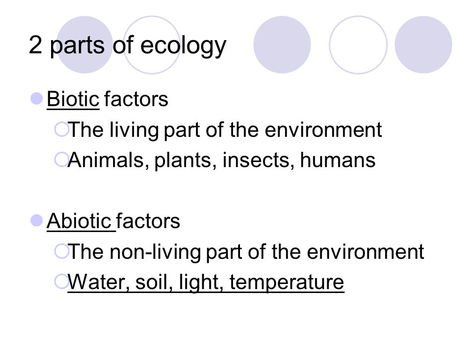 2 parts of ecology Biotic factors  The living part of the environment  Animals, plants, insects, humans Abiotic factors  The non-living part of the environment  Water, soil, light, temperature