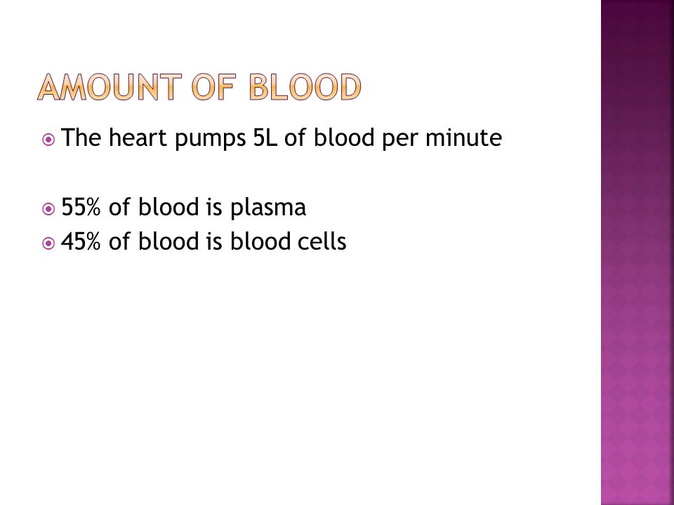  The heart pumps 5L of blood per minute  55% of blood is plasma  45% of blood is blood cells