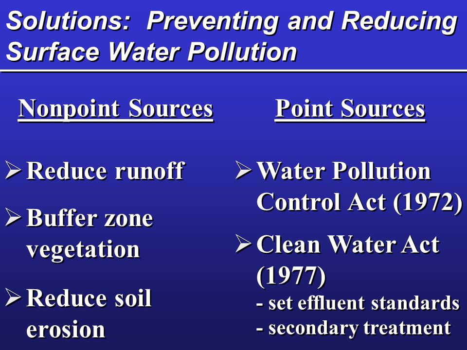 Solutions: Preventing and Reducing Surface Water Pollution Nonpoint Sources Point Sources  Reduce runoff  Buffer zone vegetation  Reduce soil erosion  Reduce soil erosion  Water Pollution Control Act (1972)  Water Pollution Control Act (1972)  Clean Water Act (1977) - set effluent standards - secondary treatment  Clean Water Act (1977) - set effluent standards - secondary treatment