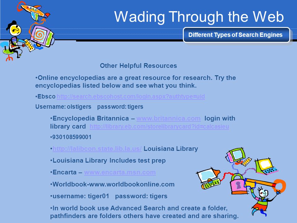 Wading Through the Web Different Types of Search Engines Other Helpful Resources Online encyclopedias are a great resource for research.