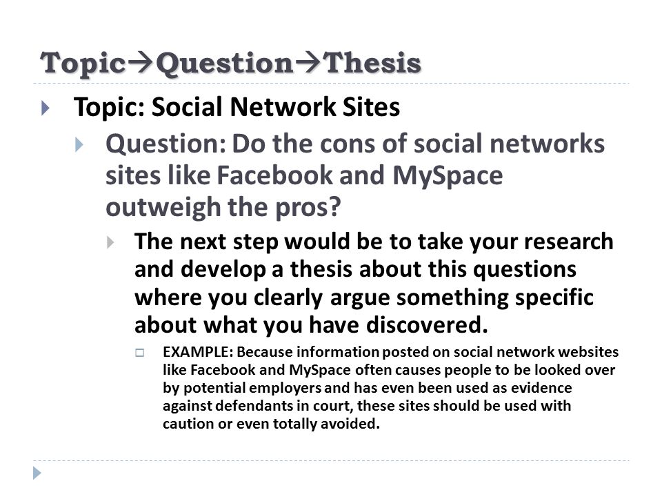 Topic  Question  Thesis  Topic: Social Network Sites  Question: Do the cons of social networks sites like Facebook and MySpace outweigh the pros.