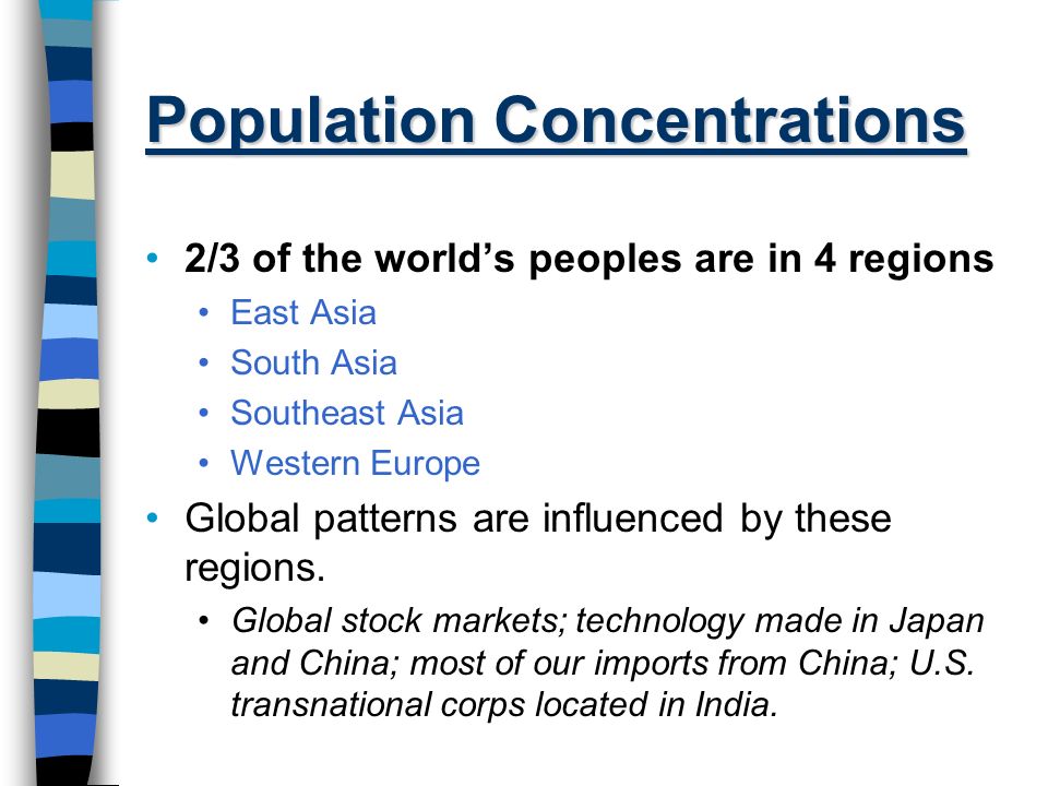 Population Concentrations 2/3 of the world’s peoples are in 4 regions East Asia South Asia Southeast Asia Western Europe Global patterns are influenced by these regions.