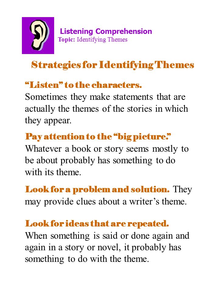 Strategies for Identifying Themes Listening Comprehension Topic: Identifying Themes Listen to the characters.