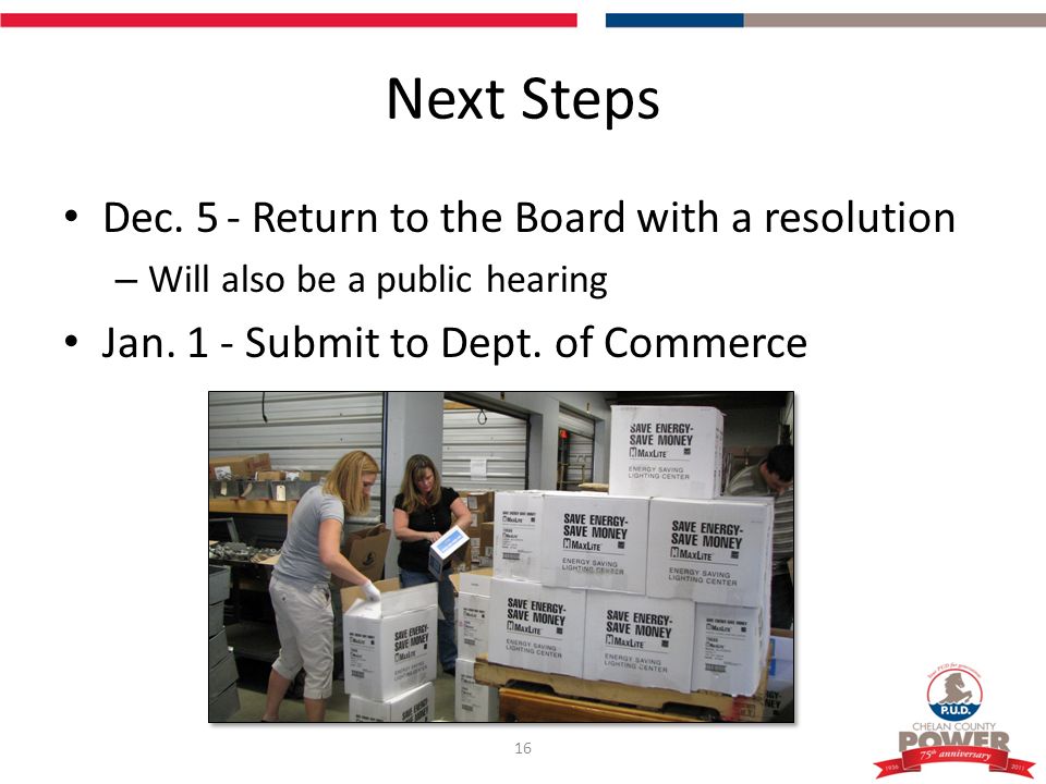 Next Steps 16 Dec. 5 - Return to the Board with a resolution – Will also be a public hearing Jan.