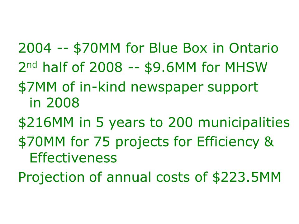 $70MM for Blue Box in Ontario 2 nd half of $9.6MM for MHSW $7MM of in-kind newspaper support in 2008 $216MM in 5 years to 200 municipalities $70MM for 75 projects for Efficiency & Effectiveness Projection of annual costs of $223.5MM