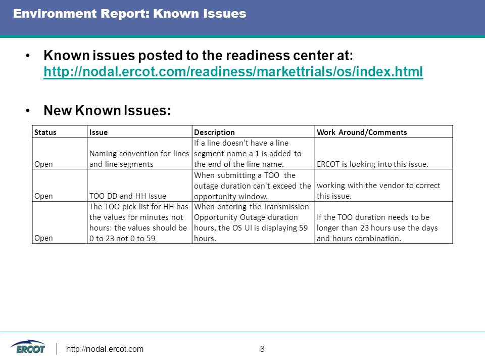8 Environment Report: Known Issues Known issues posted to the readiness center at:     New Known Issues: StatusIssueDescriptionWork Around/Comments Open Naming convention for lines and line segments If a line doesn t have a line segment name a 1 is added to the end of the line name.ERCOT is looking into this issue.