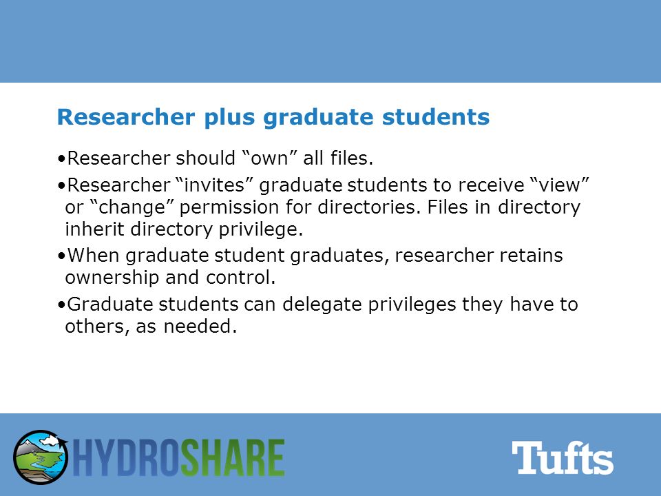 Researcher plus graduate students Researcher should own all files.