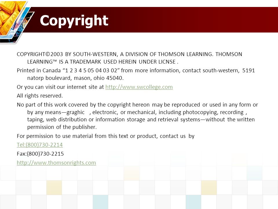 Copyright COPYRIGHT©2003 BY SOUTH-WESTERN, A DIVISION OF THOMSON LEARNING.