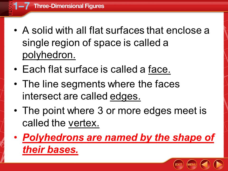 A solid with all flat surfaces that enclose a single region of space is called a polyhedron.