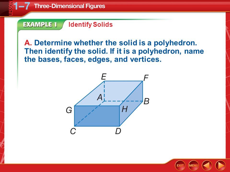 Example 1 Identify Solids A. Determine whether the solid is a polyhedron.