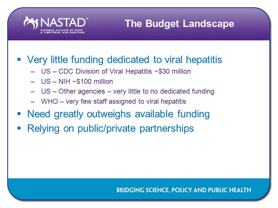 The Budget Landscape  Very little funding dedicated to viral hepatitis –US – CDC Division of Viral Hepatitis ~$30 million –US – NIH ~$100 million –US – Other agencies – very little to no dedicated funding –WHO – very few staff assigned to viral hepatitis  Need greatly outweighs available funding  Relying on public/private partnerships