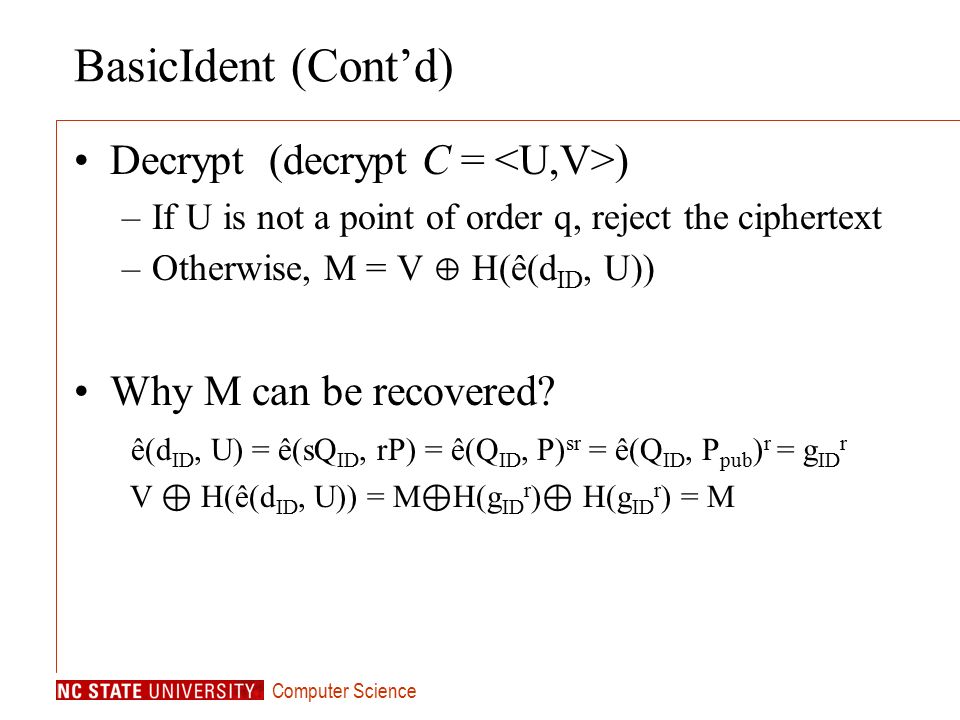 Computer Science Csc 774 Advanced Network Security Topic 2 6 Id Based Cryptography 2 Slides By An Liu Ppt Download