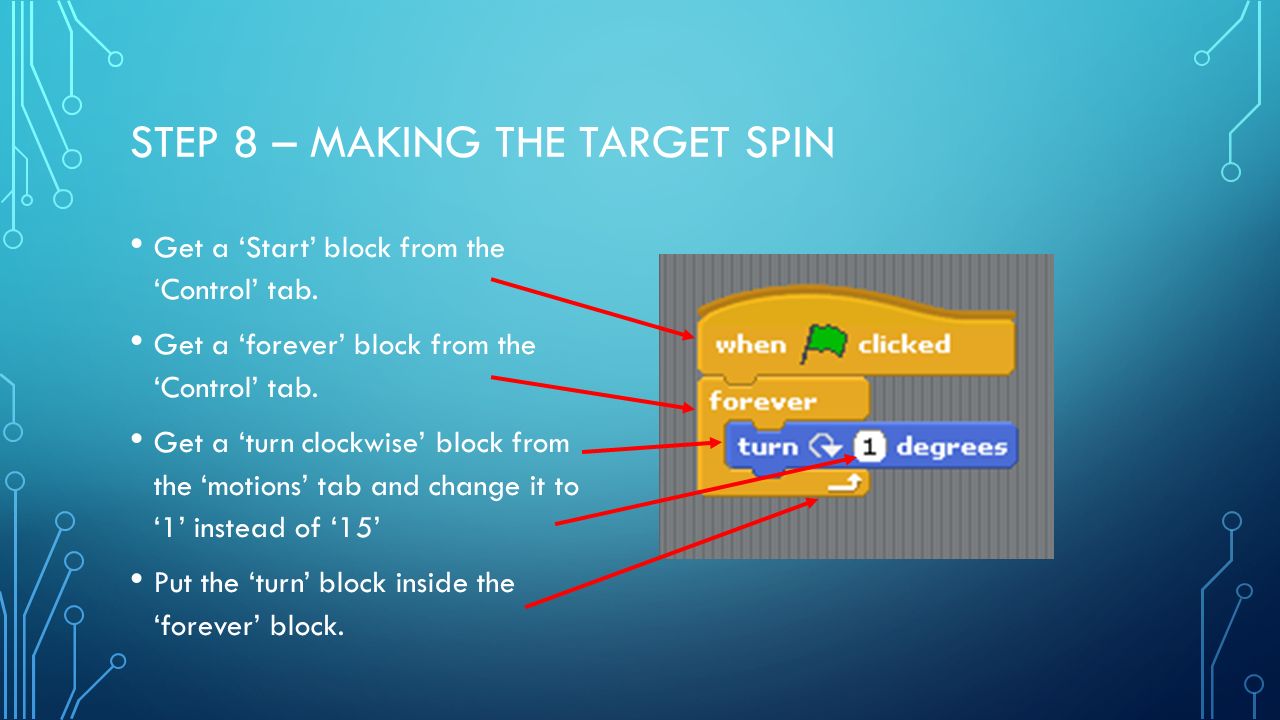 STEP 8 – MAKING THE TARGET SPIN Get a ‘Start’ block from the ‘Control’ tab.
