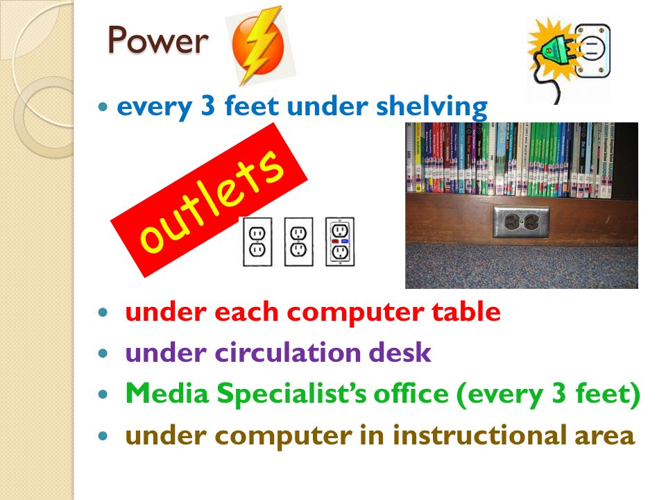 Power every 3 feet under shelving under each computer table under circulation desk Media Specialist’s office (every 3 feet) under computer in instructional area outlets