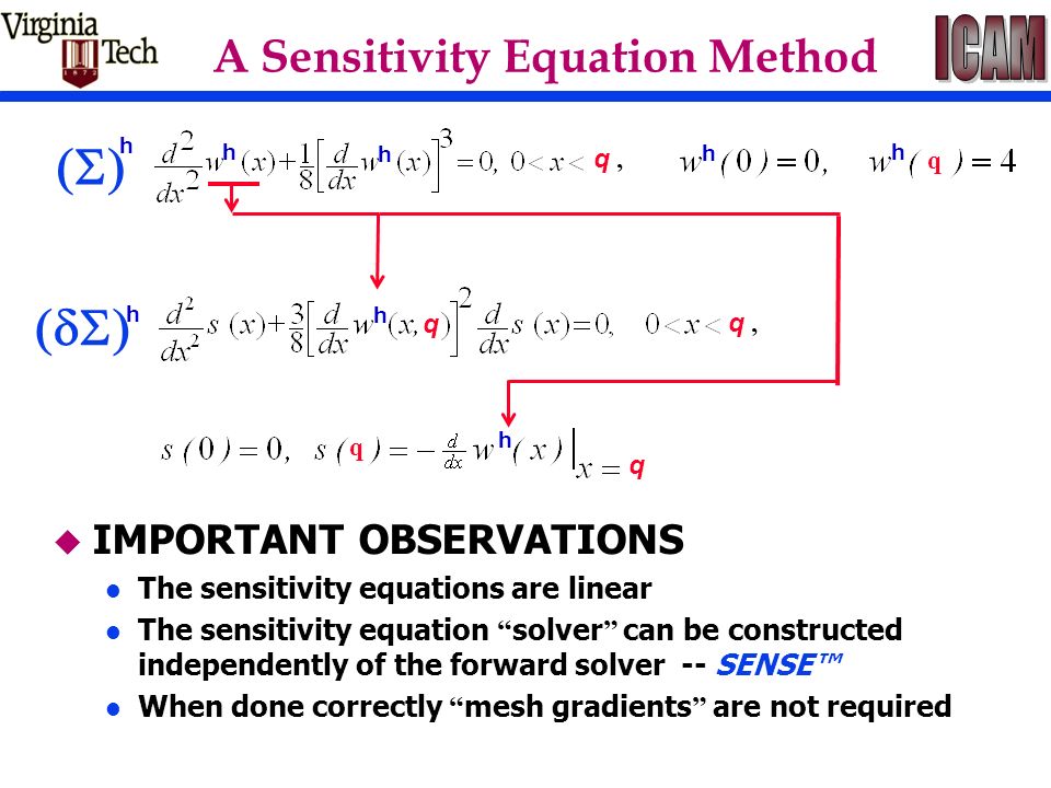 A Sensitivity Equation Method h h h h h h h q q,q,  q q  q,q, q h  IMPORTANT OBSERVATIONS l The sensitivity equations are linear The sensitivity equation solver can be constructed independently of the forward solver -- SENSE™ When done correctly mesh gradients are not required