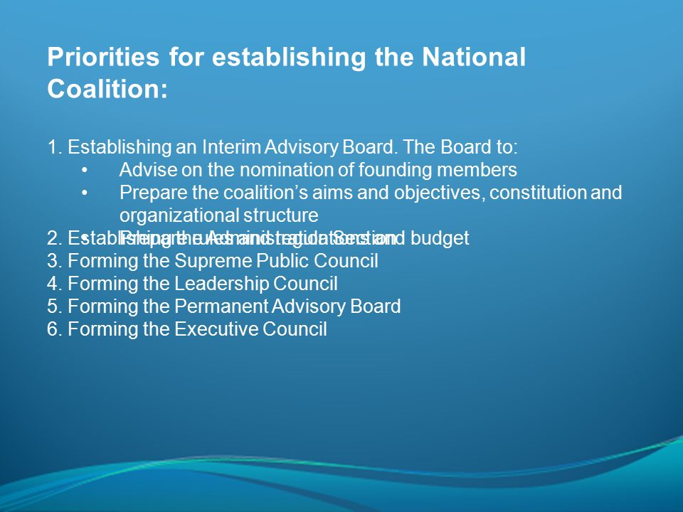 Priorities for establishing the National Coalition: 1.