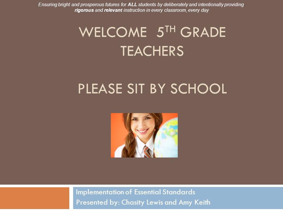 WELCOME 5 TH GRADE TEACHERS PLEASE SIT BY SCHOOL Implementation of ...