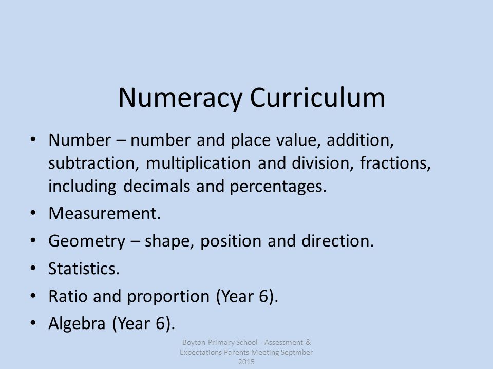 Numeracy Curriculum Number – number and place value, addition, subtraction, multiplication and division, fractions, including decimals and percentages.