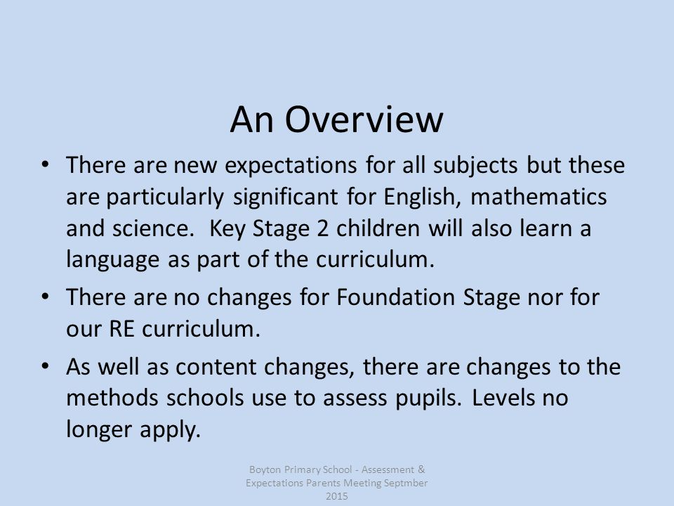 An Overview There are new expectations for all subjects but these are particularly significant for English, mathematics and science.