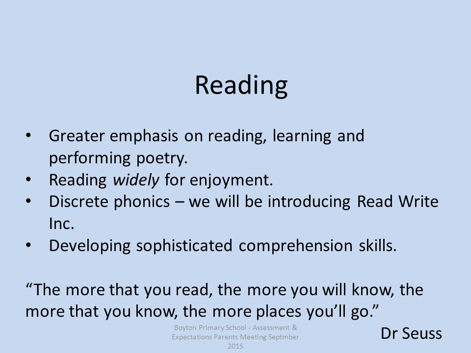 Reading Greater emphasis on reading, learning and performing poetry.