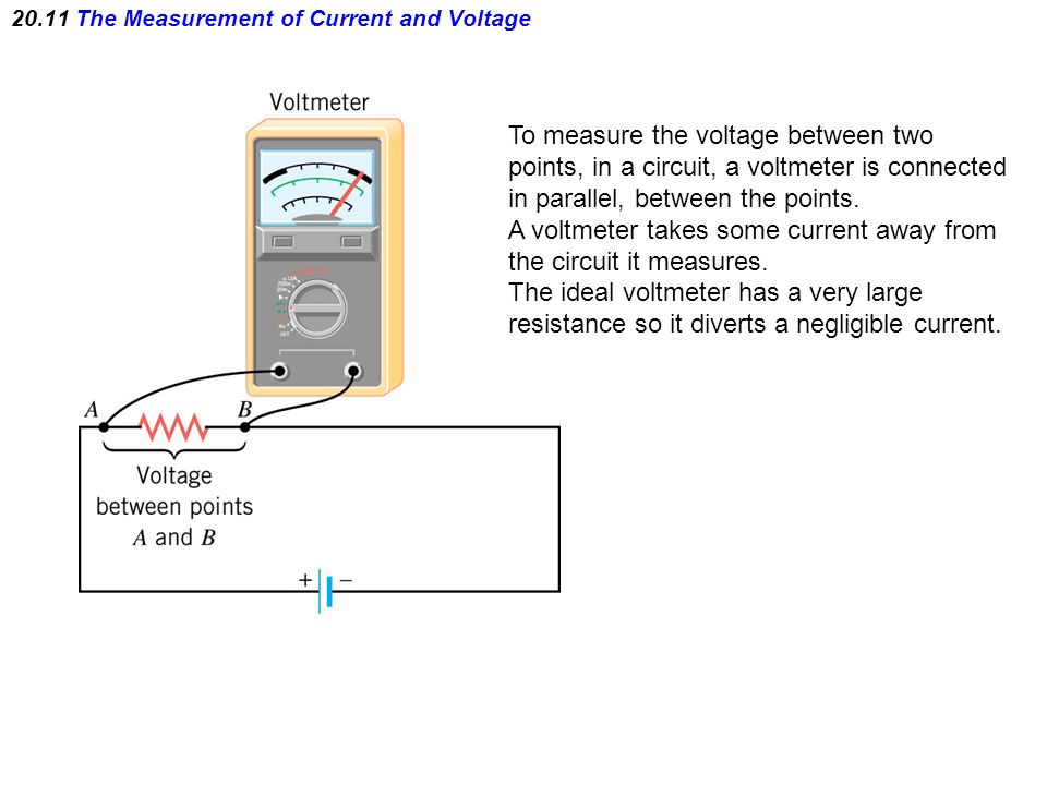 20.11 The Measurement of Current and Voltage To measure the voltage between two points, in a circuit, a voltmeter is connected in parallel, between the points.