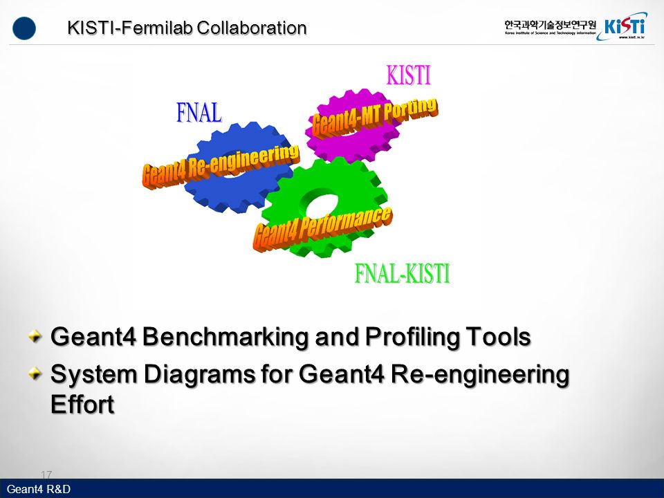 Geant4 R&D KISTI-Fermilab Collaboration Geant4 Benchmarking and Profiling Tools System Diagrams for Geant4 Re-engineering Effort 17