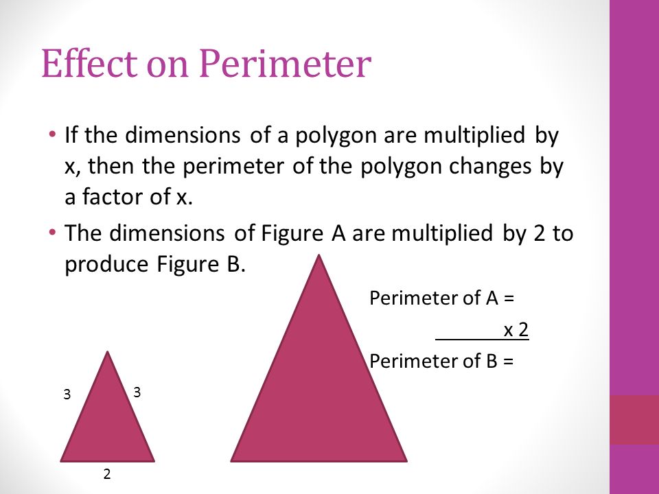 Effect on Perimeter If the dimensions of a polygon are multiplied by x, then the perimeter of the polygon changes by a factor of x.