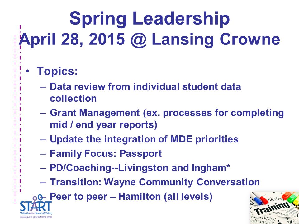 Spring Leadership April 28, Lansing Crowne Topics: –Data review from individual student data collection –Grant Management (ex.