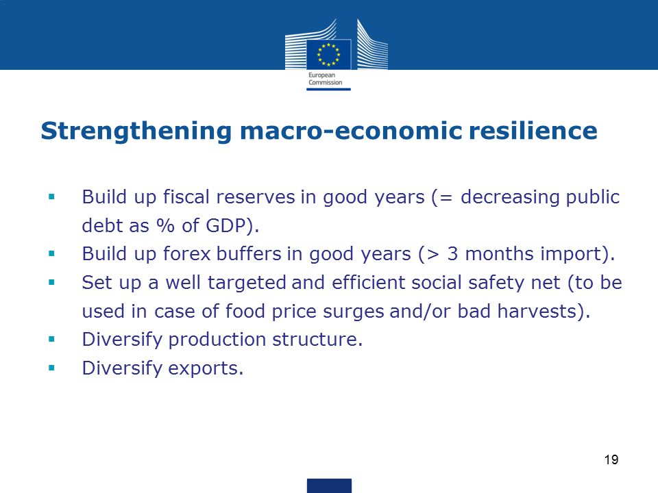 Strengthening macro-economic resilience  Build up fiscal reserves in good years (= decreasing public debt as % of GDP).