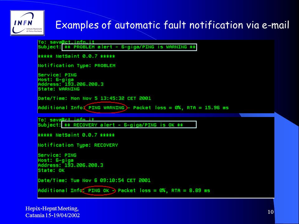 Hepix-Hepnt Meeting, Catania 15-19/04/ Examples of automatic fault notification via