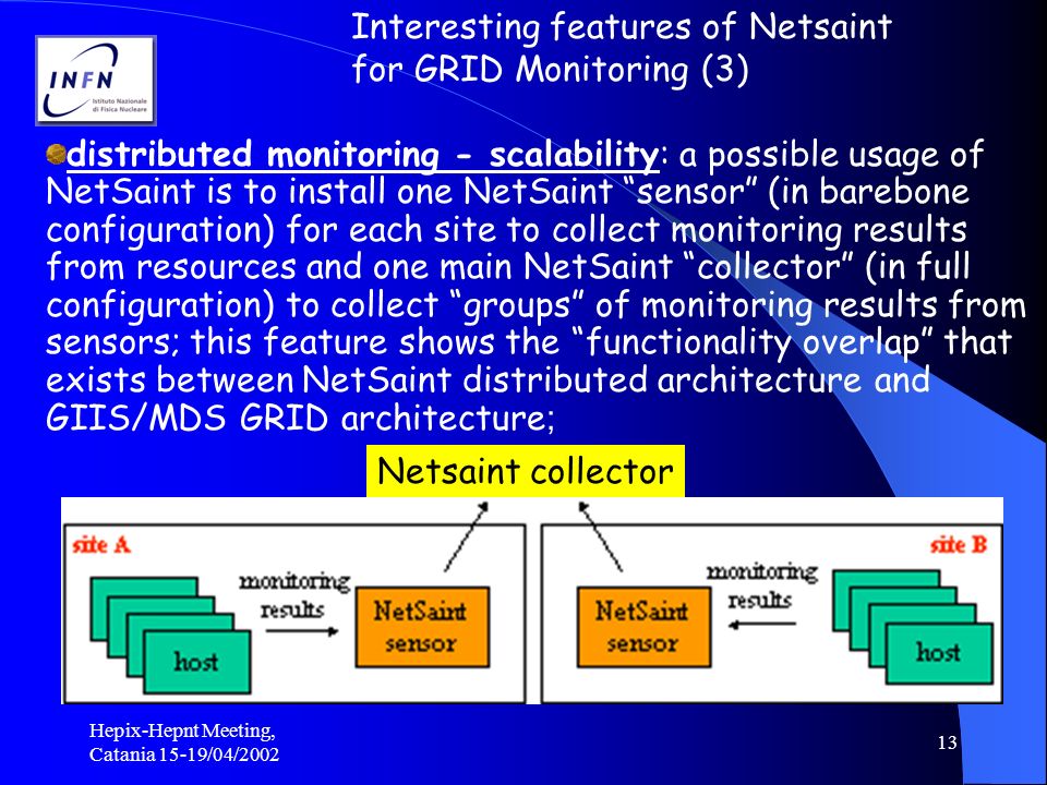 Hepix-Hepnt Meeting, Catania 15-19/04/ distributed monitoring - scalability: a possible usage of NetSaint is to install one NetSaint sensor (in barebone configuration) for each site to collect monitoring results from resources and one main NetSaint collector (in full configuration) to collect groups of monitoring results from sensors; this feature shows the functionality overlap that exists between NetSaint distributed architecture and GIIS/MDS GRID architecture ; Interesting features of Netsaint for GRID Monitoring (3) Netsaint collector