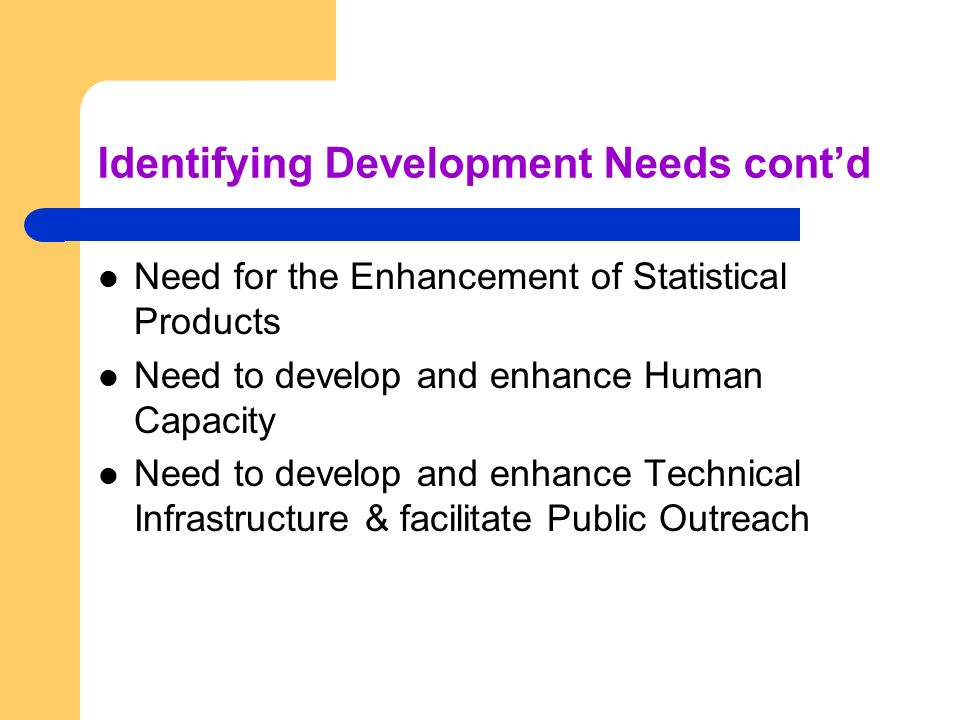 Identifying Development Needs cont’d Need for the Enhancement of Statistical Products Need to develop and enhance Human Capacity Need to develop and enhance Technical Infrastructure & facilitate Public Outreach
