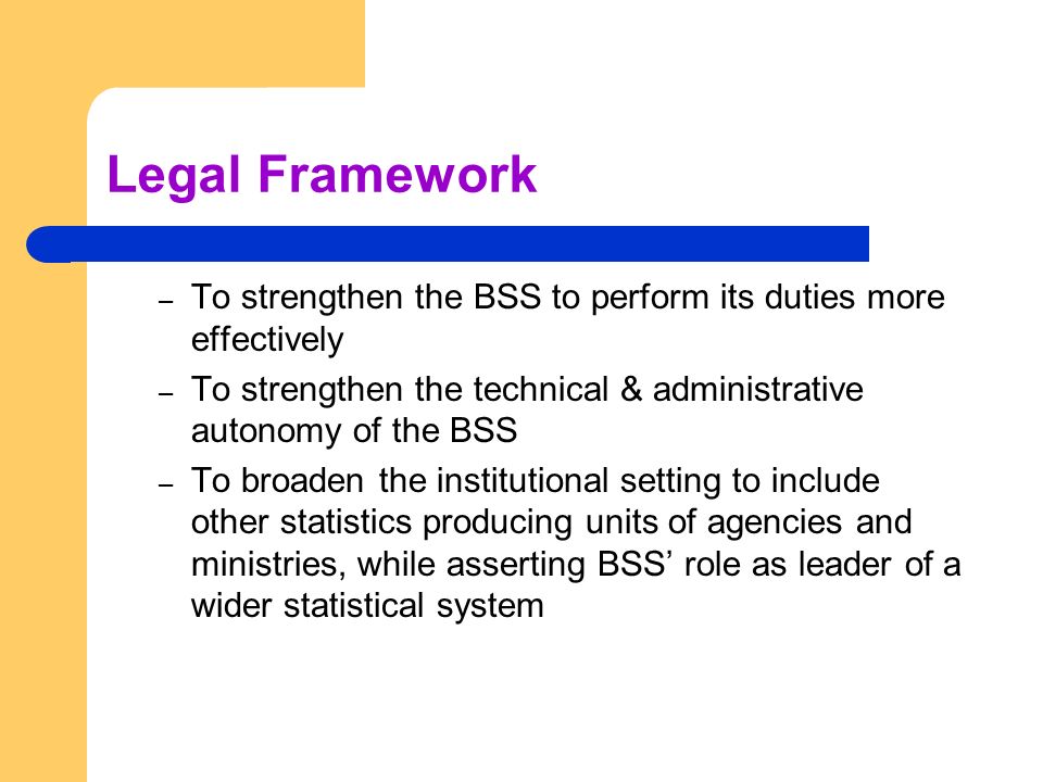 Legal Framework – To strengthen the BSS to perform its duties more effectively – To strengthen the technical & administrative autonomy of the BSS – To broaden the institutional setting to include other statistics producing units of agencies and ministries, while asserting BSS’ role as leader of a wider statistical system