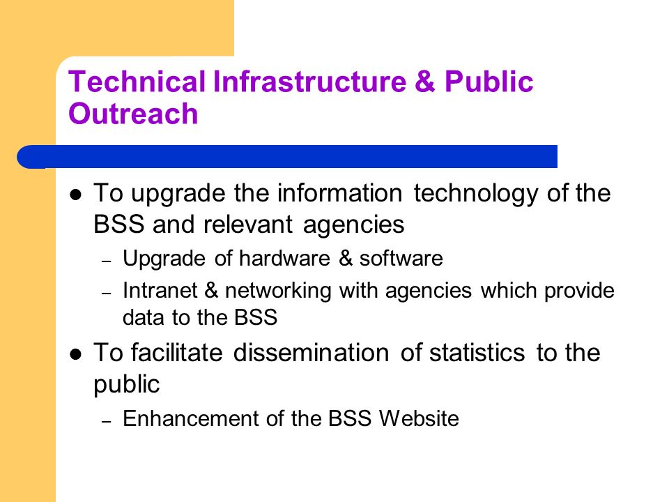 Technical Infrastructure & Public Outreach To upgrade the information technology of the BSS and relevant agencies – Upgrade of hardware & software – Intranet & networking with agencies which provide data to the BSS To facilitate dissemination of statistics to the public – Enhancement of the BSS Website
