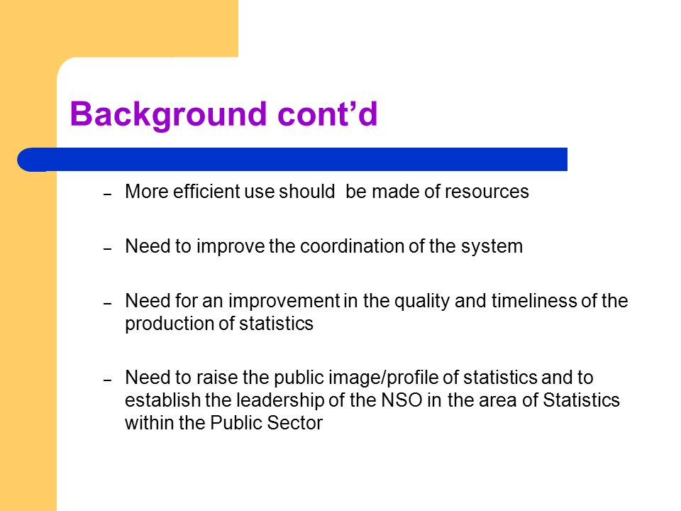 Background cont’d – More efficient use should be made of resources – Need to improve the coordination of the system – Need for an improvement in the quality and timeliness of the production of statistics – Need to raise the public image/profile of statistics and to establish the leadership of the NSO in the area of Statistics within the Public Sector