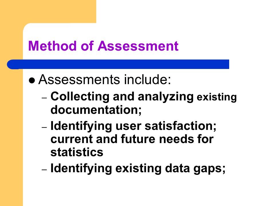 Method of Assessment Assessments include: – Collecting and analyzing existing documentation; – Identifying user satisfaction; current and future needs for statistics – Identifying existing data gaps;