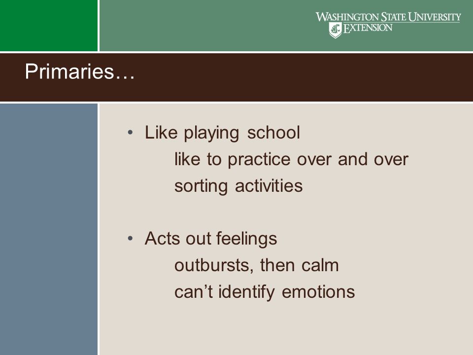 Primaries… Like playing school like to practice over and over sorting activities Acts out feelings outbursts, then calm can’t identify emotions
