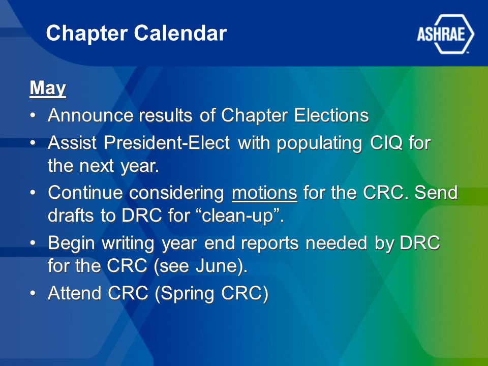 May Announce results of Chapter Elections Assist President-Elect with populating CIQ for the next year.