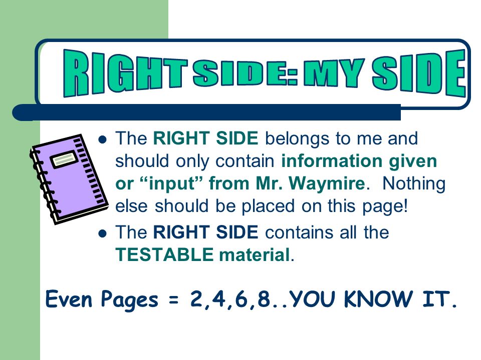 The RIGHT SIDE belongs to me and should only contain information given or input from Mr.