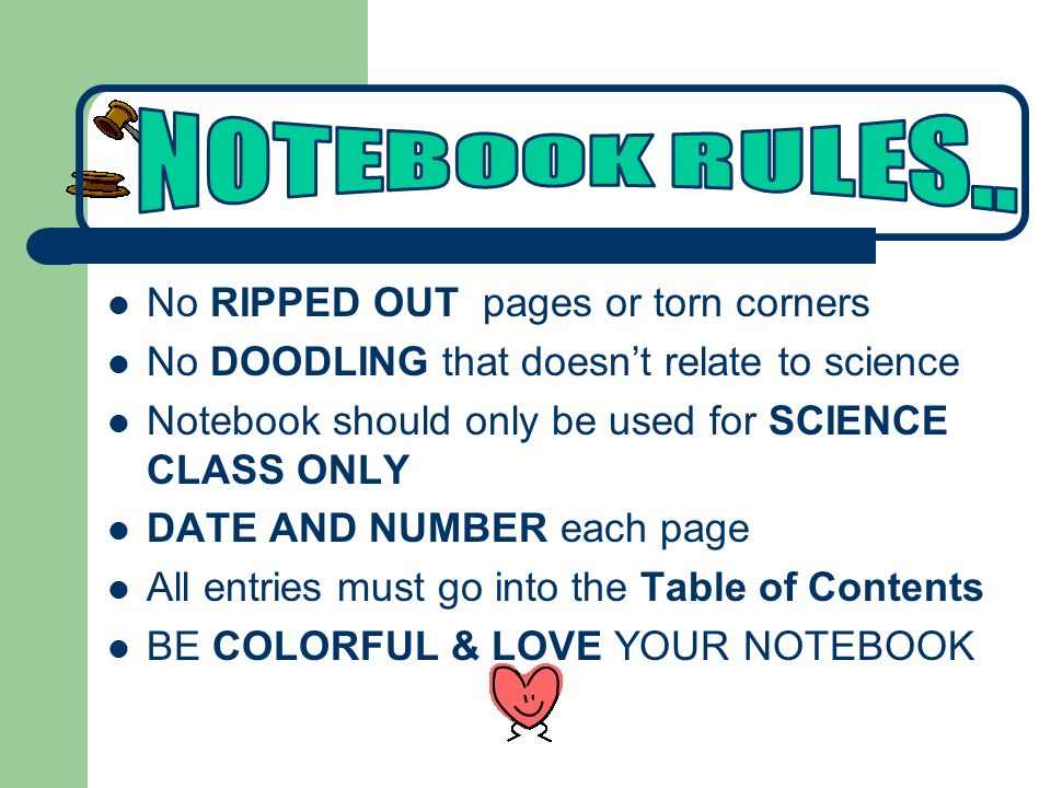 No RIPPED OUT pages or torn corners No DOODLING that doesn’t relate to science Notebook should only be used for SCIENCE CLASS ONLY DATE AND NUMBER each page All entries must go into the Table of Contents BE COLORFUL & LOVE YOUR NOTEBOOK