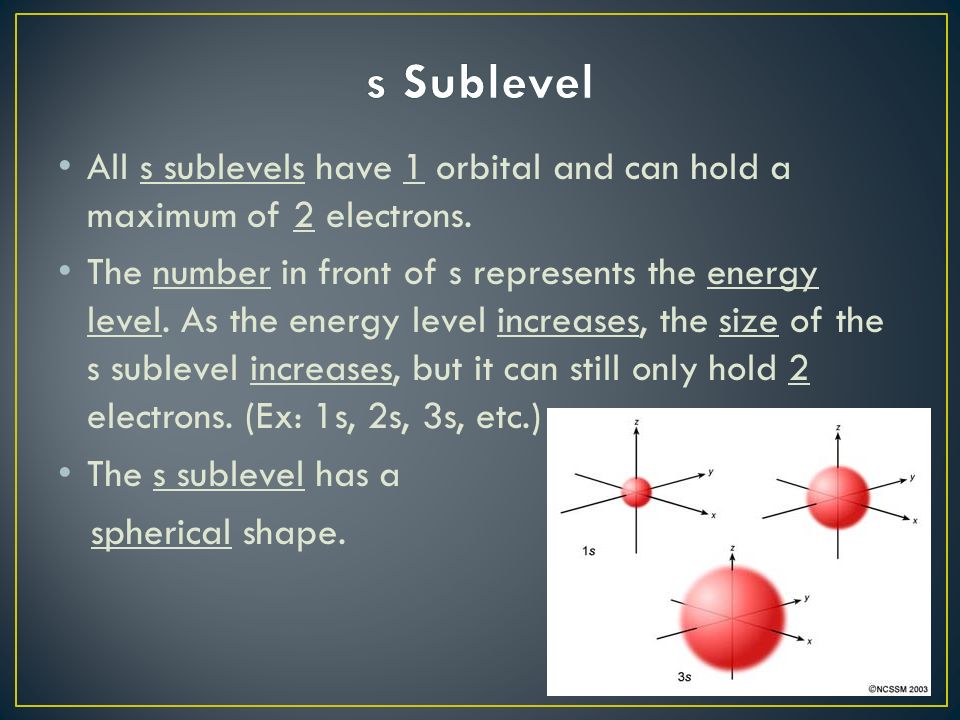 All s sublevels have 1 orbital and can hold a maximum of 2 electrons.