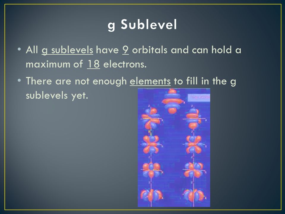 All g sublevels have 9 orbitals and can hold a maximum of 18 electrons.