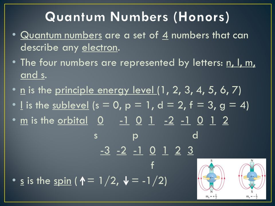 Quantum numbers are a set of 4 numbers that can describe any electron.