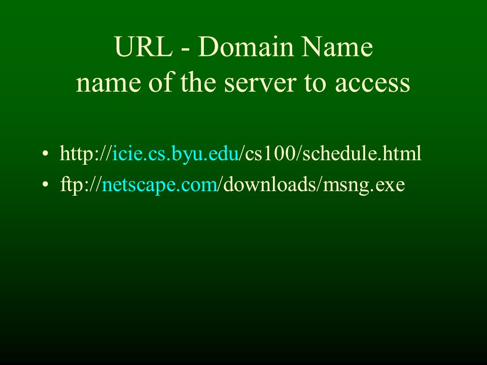 URL - Domain Name name of the server to access   ftp://netscape.com/downloads/msng.exe