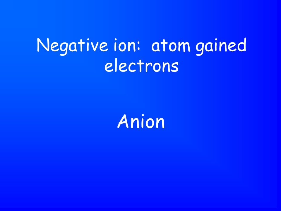 Anion Negative ion: atom gained electrons